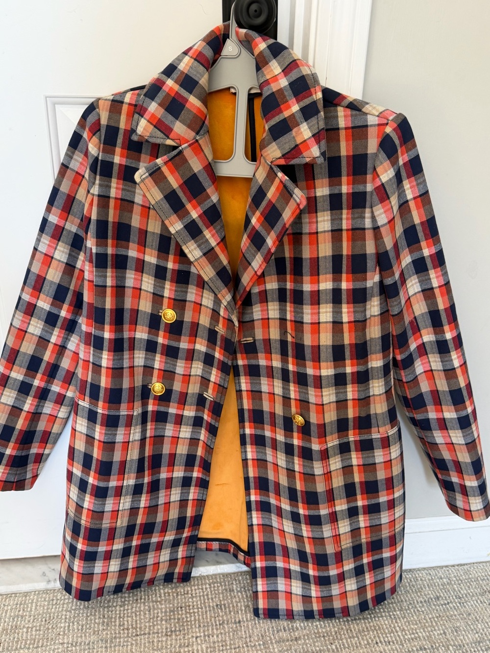 Tory Burch Plaid Jacket with Navy, Red, Cream and Gold Logo